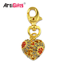 Wholesale Promotion Custom Metal Pendant 3D Gold Heart Keyring With Rhinestone